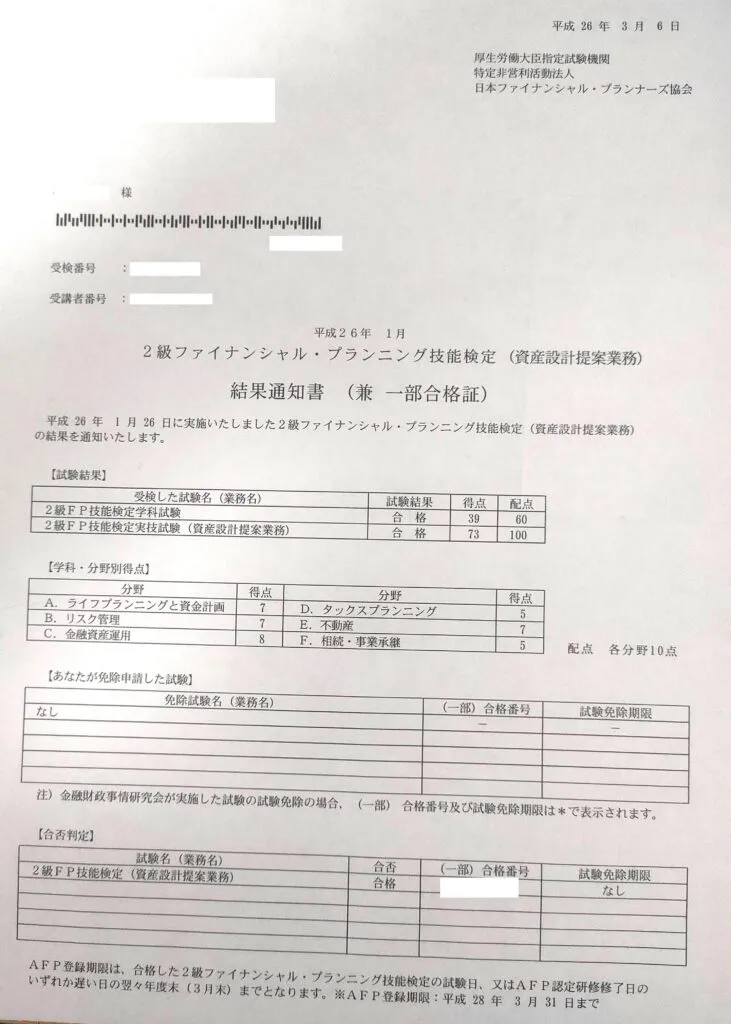 FP2級の合格通知書