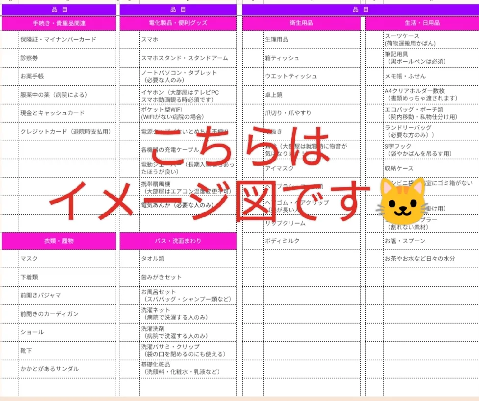 私が10回以上の入院経験をもとに作り上げた「女性の入院に必要なものリスト」イメージ画像