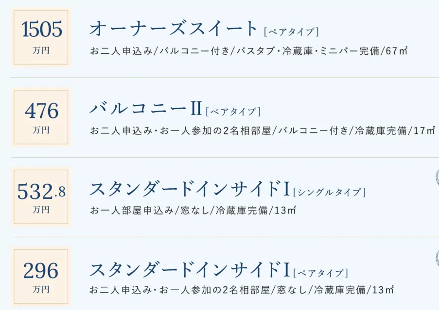 ピースボートLP掲載部屋別料金例(高価格帯)