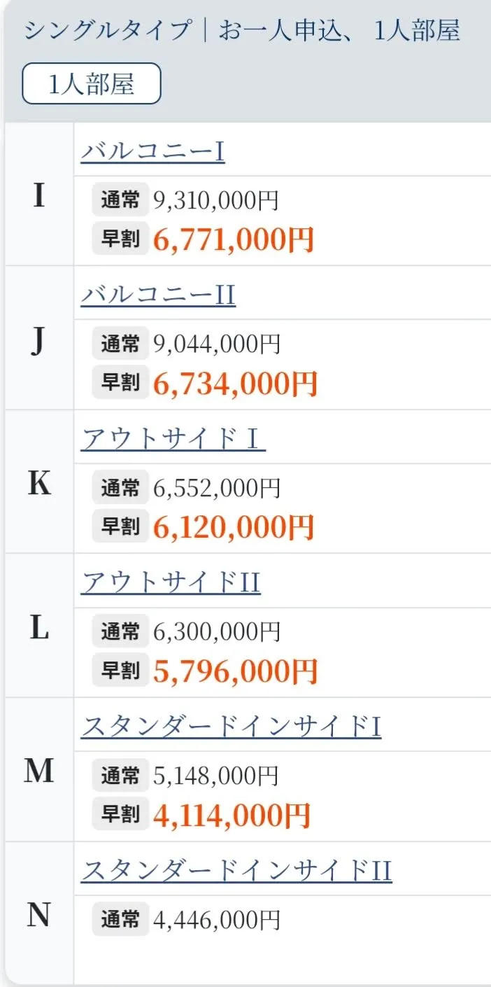 ピースボート料金表-1人部屋no一人あたり料金例