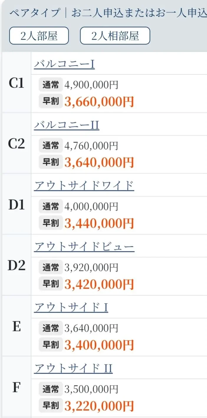 ピースボート料金表-ペアタイプ｜お二人申込またはお一人申込、2人相部屋