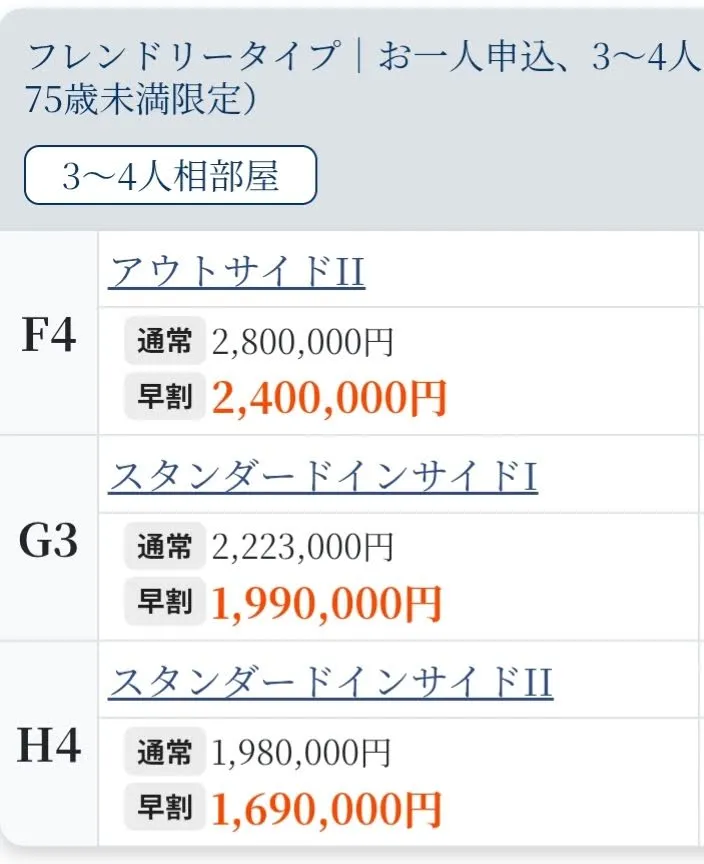 ピースボート料金表｜ セミシングルタイプ｜お一人申込、2人相部屋-一人あたり料金