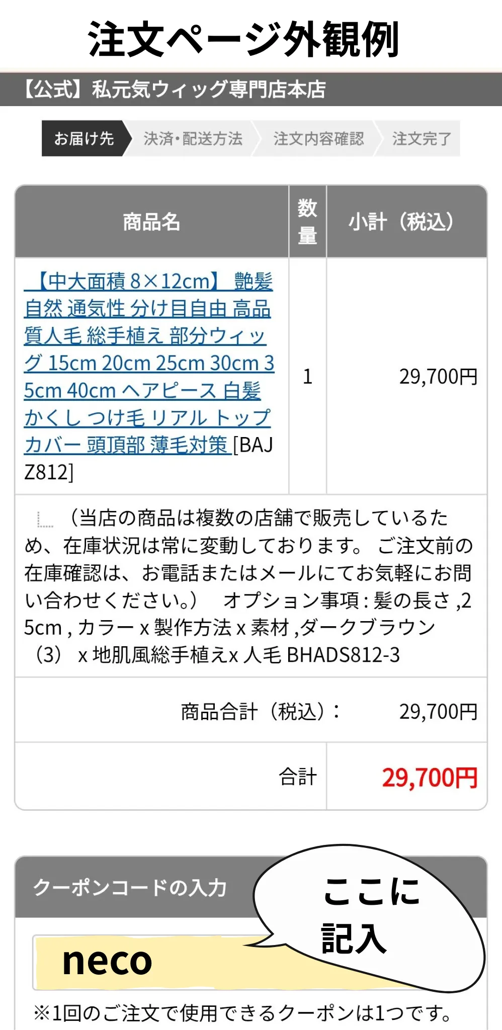 私元気のショッピングカート画面/クーポンコード記載箇所の説明