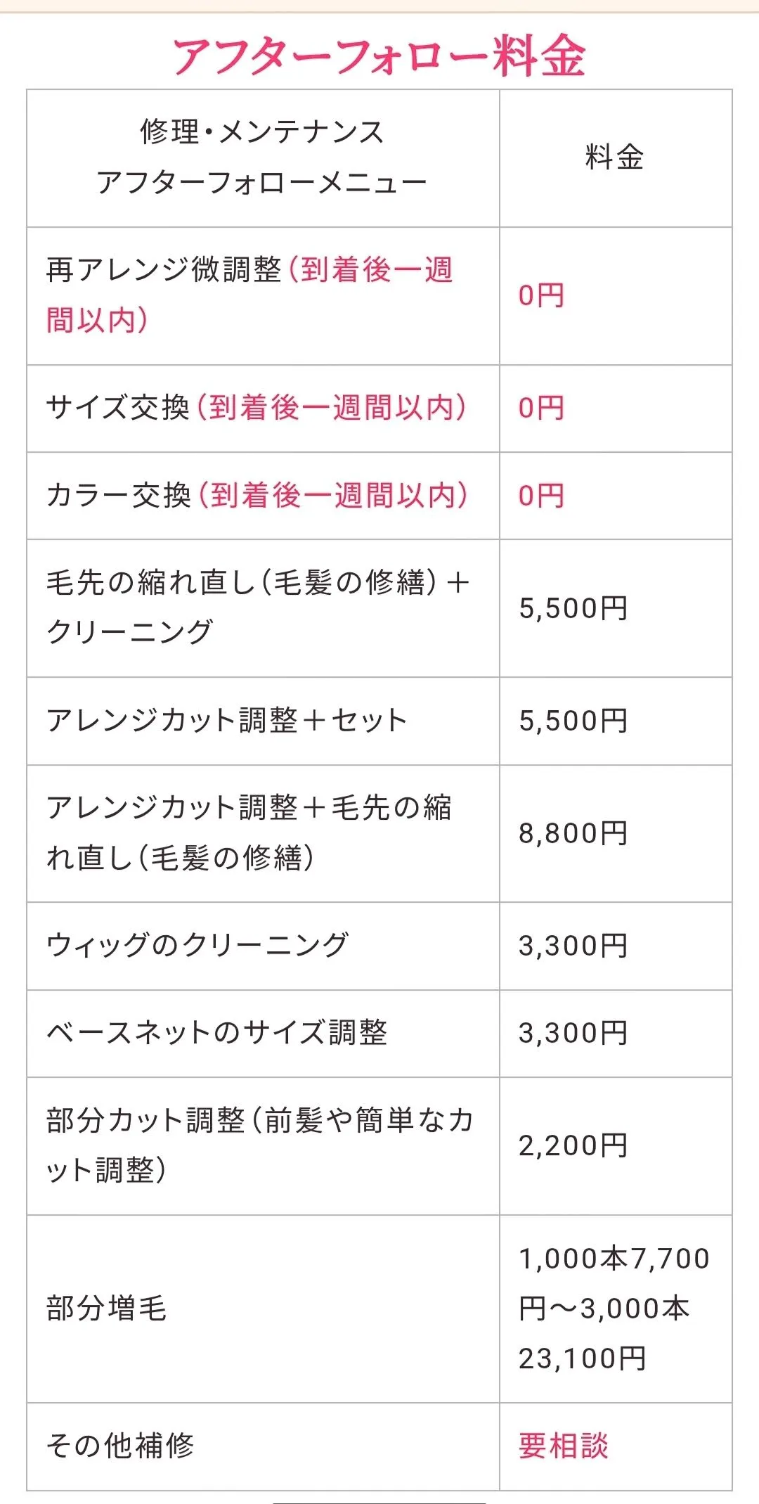 アンベリールウィッグのサービス一覧とその料金
