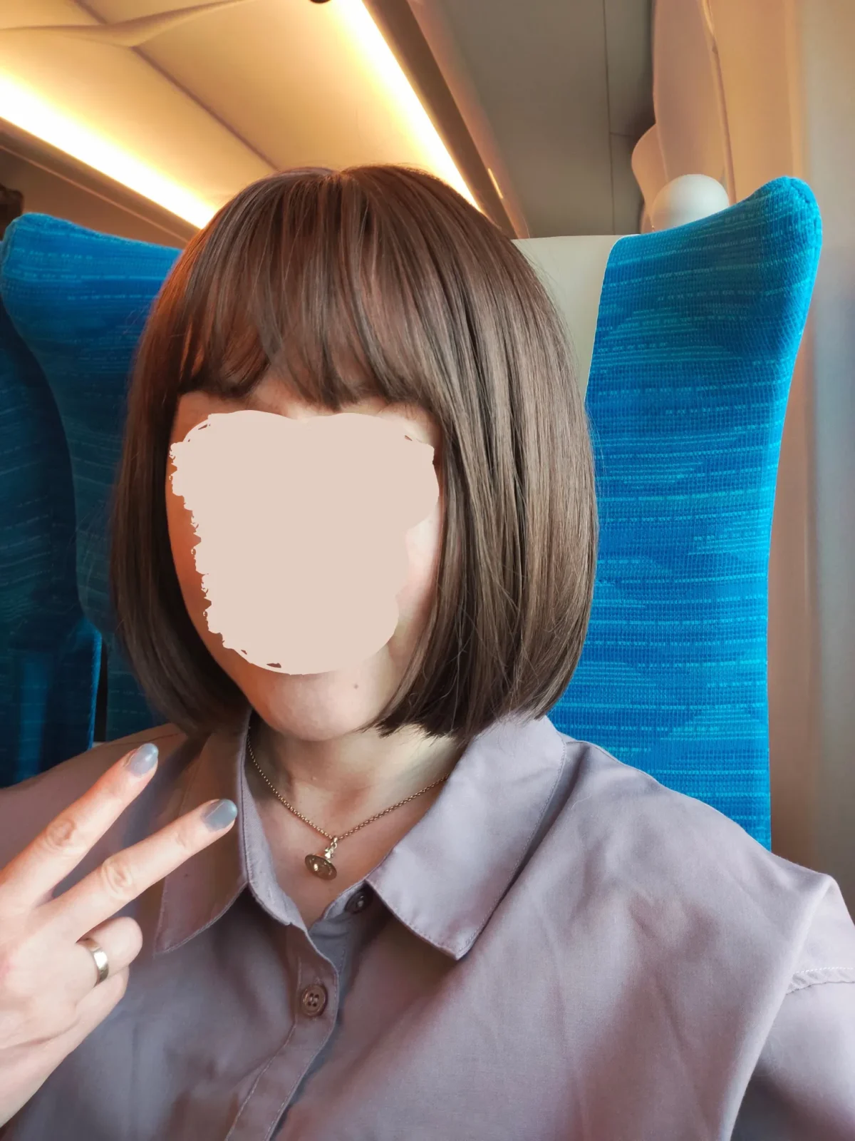 素肌ウィッグ新幹線車内正面から