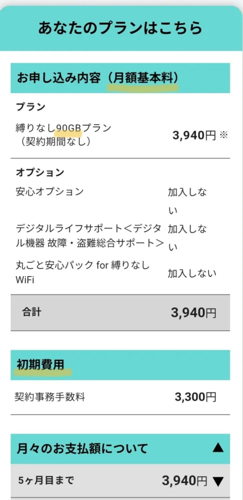 縛りなしWiFi月90GB料金明細