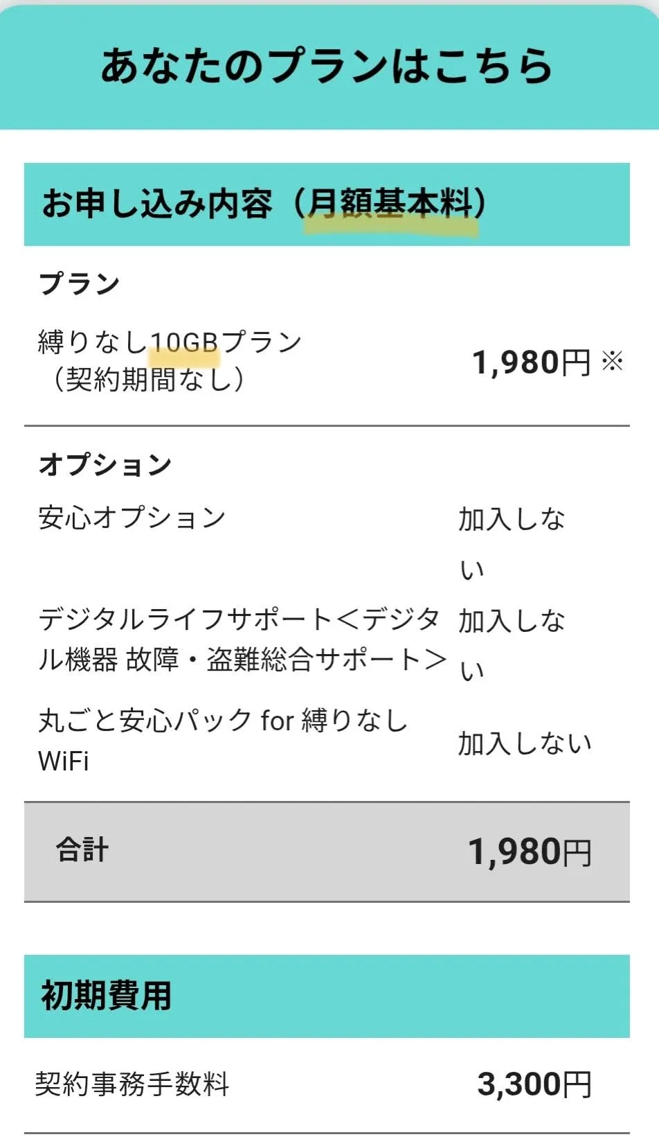 縛りなしWiFi月額プラン料金例-10GB