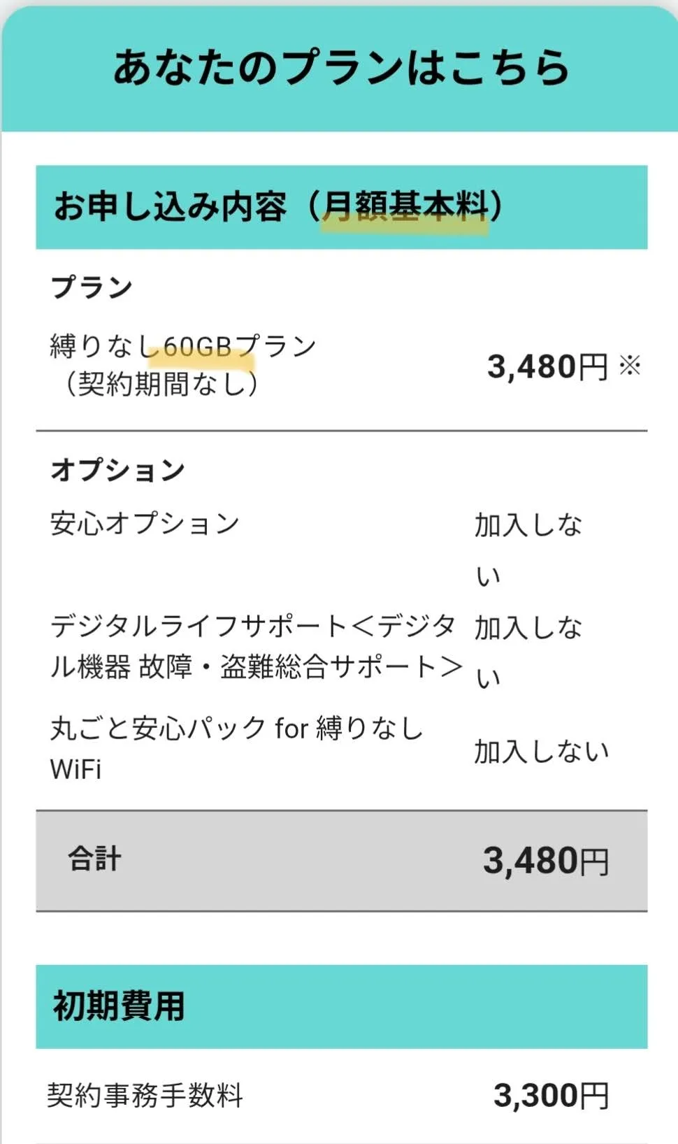 縛りなしWiFi月額プラン料金例-60GB